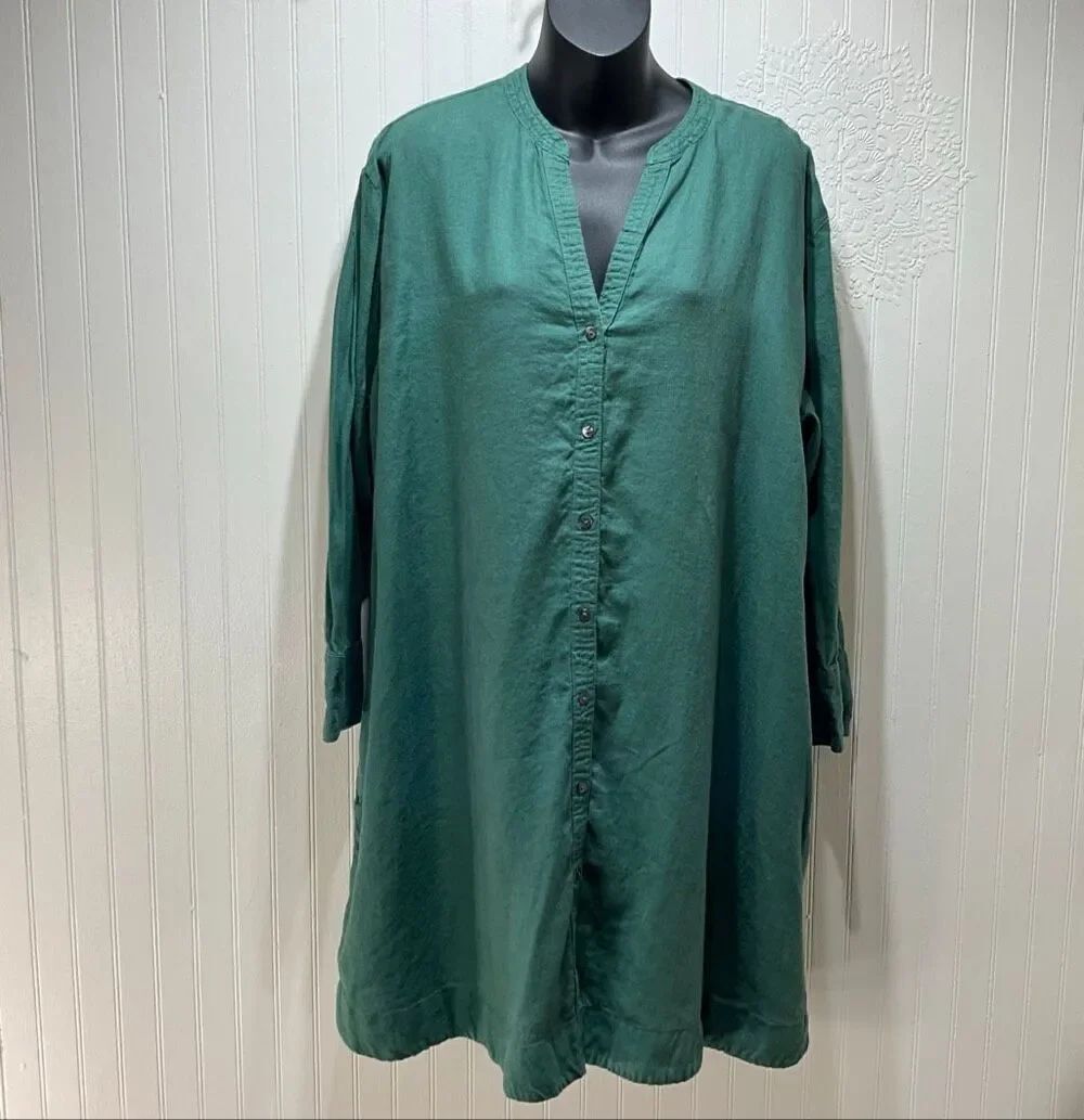 JOIE 100% Linen Green Button Front Shirt Dress Minimalist Boho Large
